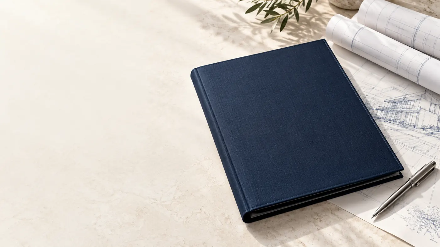 Navy project folder and architectural plans — illustrative image